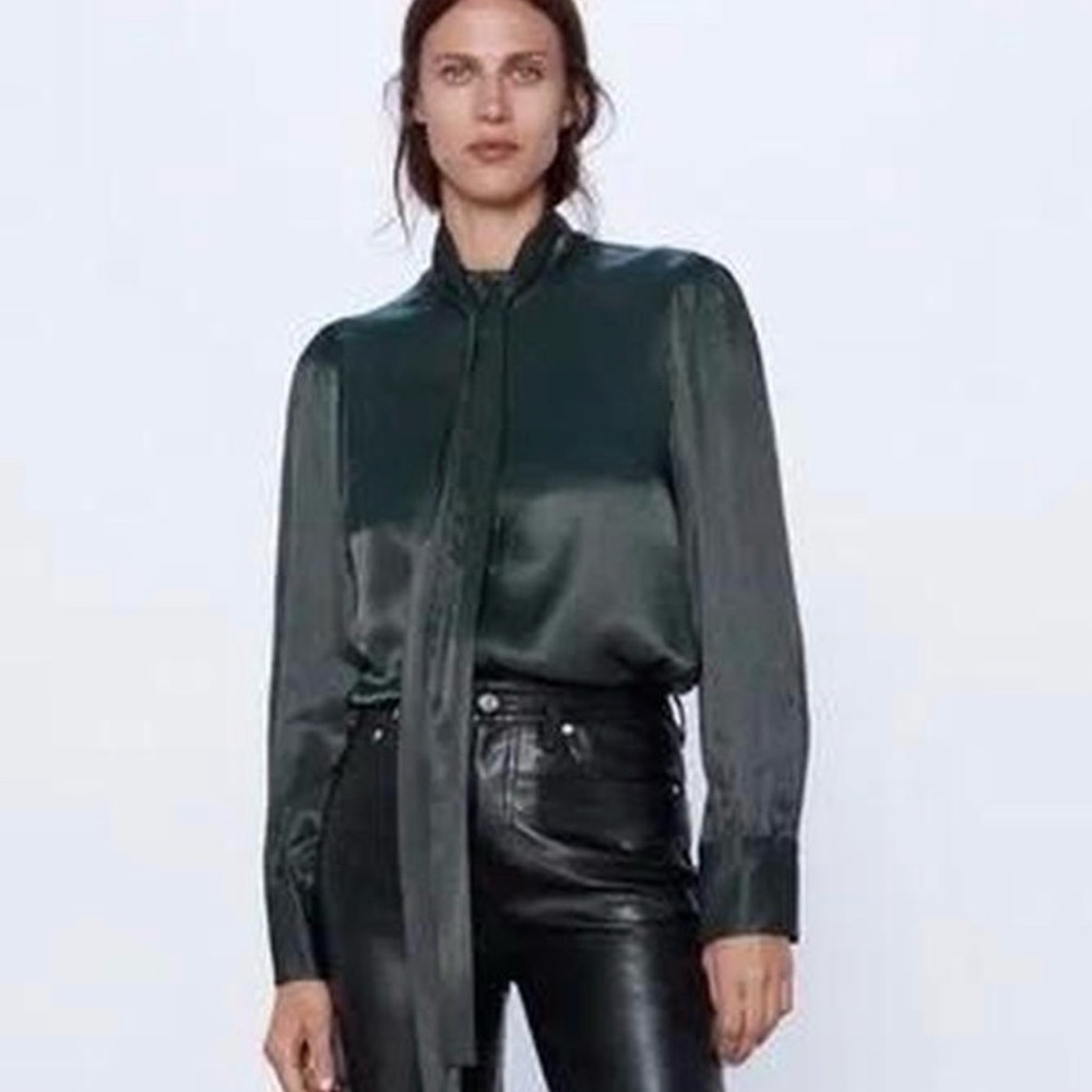 Zara Dark Green Satin Blouse with Button Detail